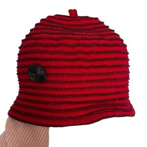 Klarine Cormier Red Striped Knit Beanie made with recycled ties